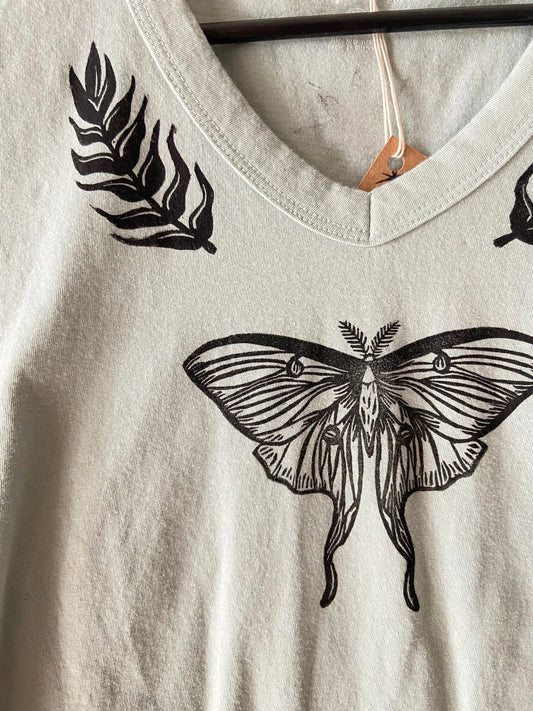 luna moth: sage v-neck shirt