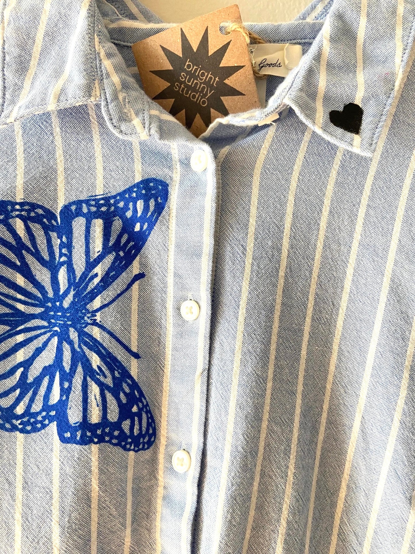 blue & black butterfly button shirt