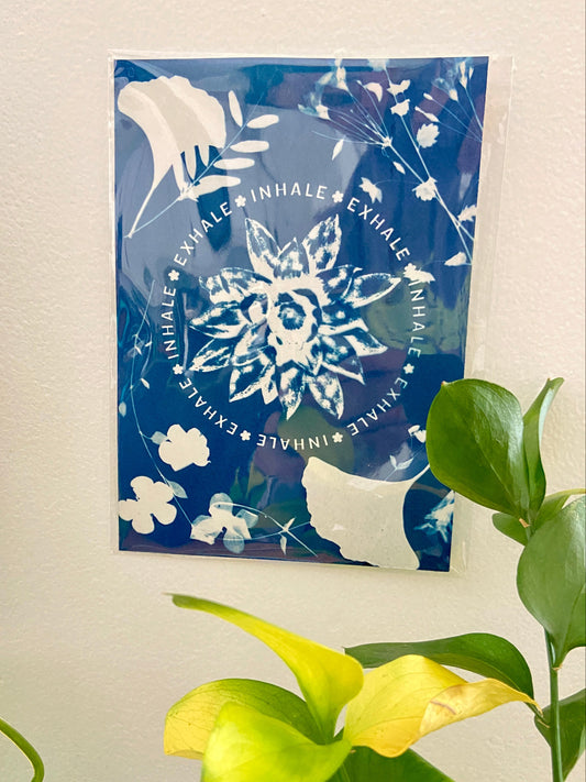 Blue cyanotype print with white floral design and text on a light beige wall with green plants.