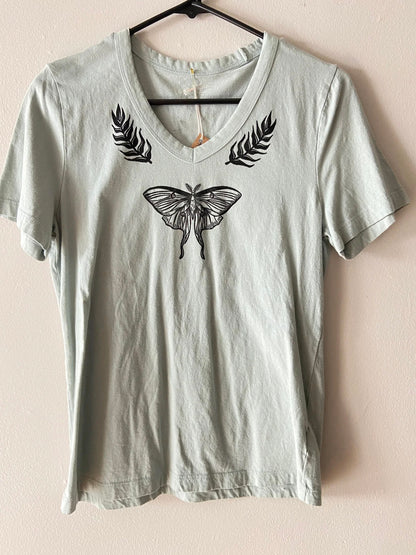 luna moth: sage v-neck shirt
