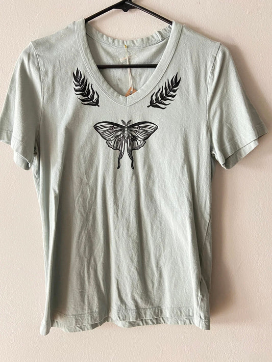 luna moth: sage v-neck shirt