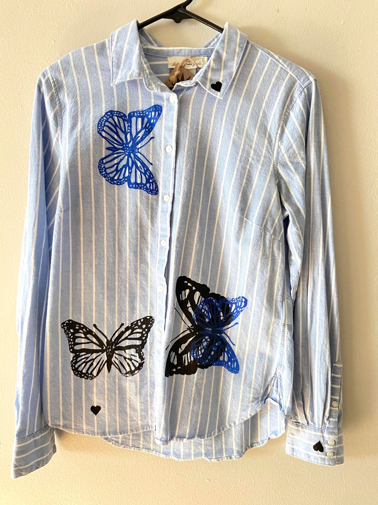 blue & black butterfly button shirt