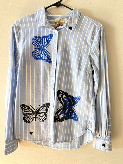 blue & black butterfly button shirt