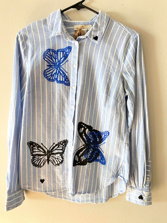 blue & black butterfly button shirt