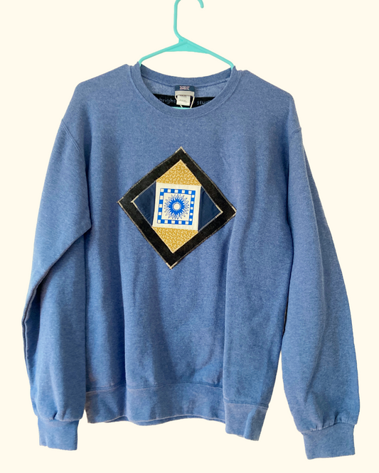 blue quilted patch sweatshirt