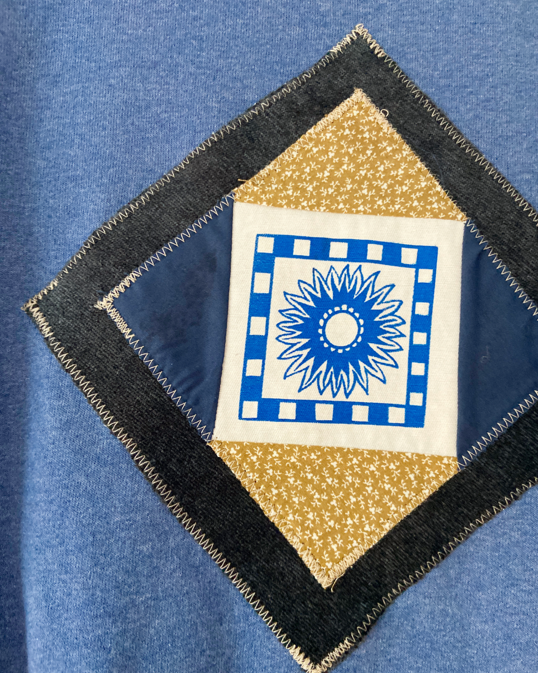 blue quilted patch sweatshirt