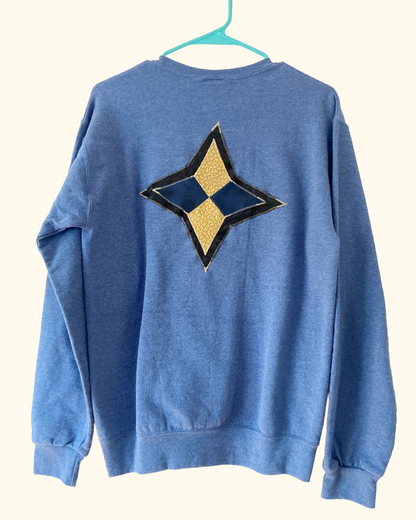blue quilted patch sweatshirt