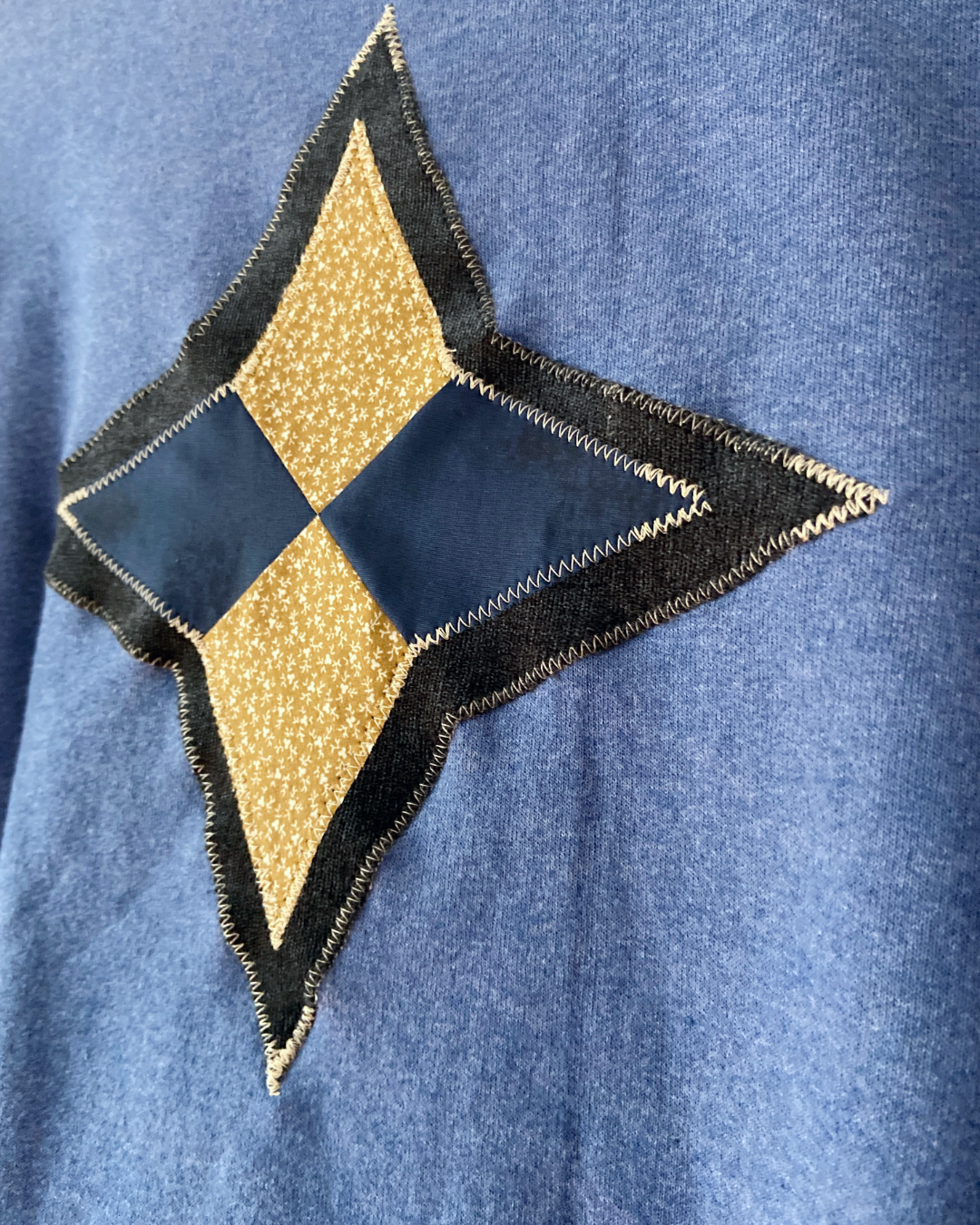 blue quilted patch sweatshirt