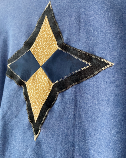 blue quilted patch sweatshirt