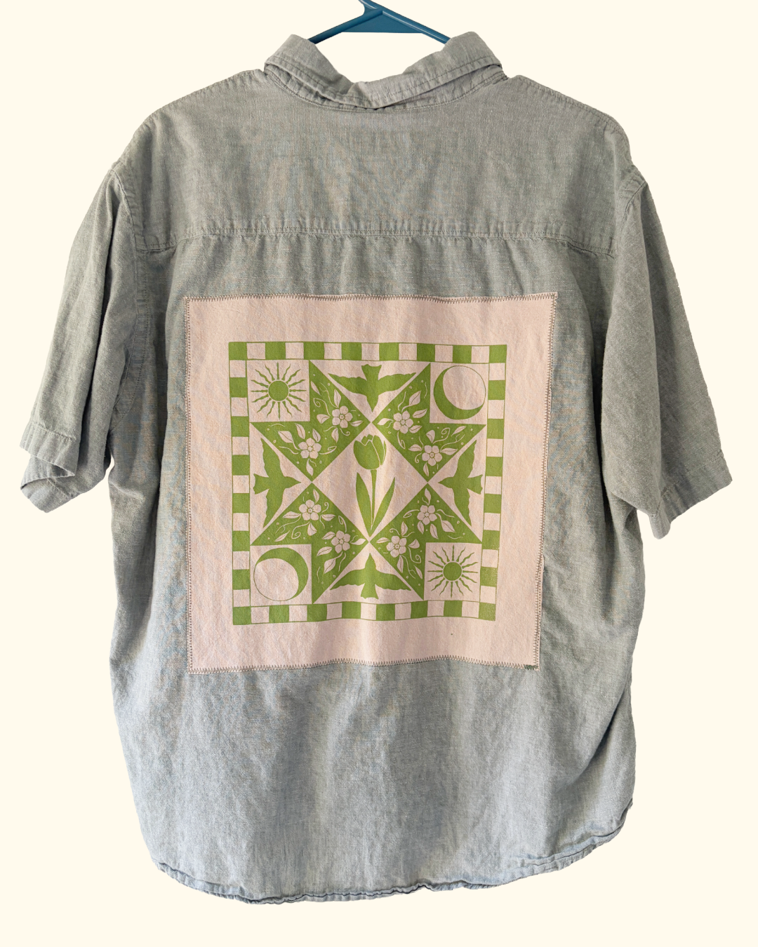 green patchwork button shirt